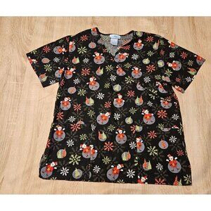 Sb Scrubs Christmas Medical Scrub Top Size M Womens Santa Snowflake Black Cotton
